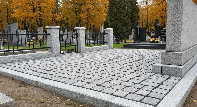 Благоустройство захоронений в Салехарде — мощение гранитной плиткой, цоколь и ограда на ухоженном участке