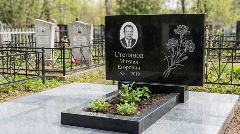 Памятник с гравировкой гвоздик — выполненная работа «Степанов» в Салехарде