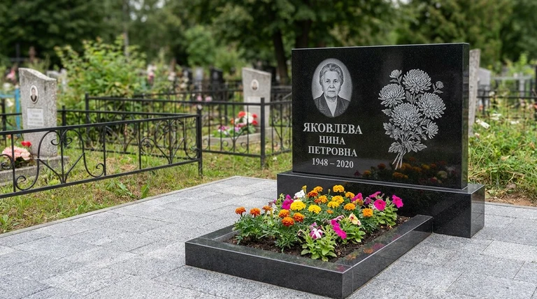 Гравировка хризантем на памятник в Салехарде — пример работы на граните