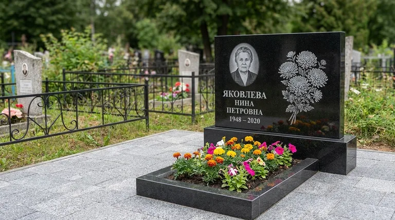 Памятник с гравировкой хризантем — выполненная работа «Соколов» в Салехарде