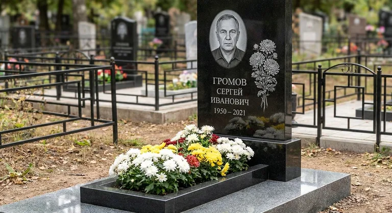 Памятник с гравировкой хризантем — выполненная работа «Громов» в Салехарде