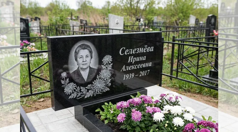 Памятник с гравировкой хризантем — выполненная работа «Селезнёва» в Салехарде