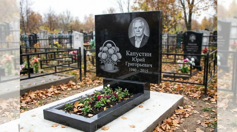 Памятник с гравировкой хризантем — выполненная работа «Капустин» в Салехарде