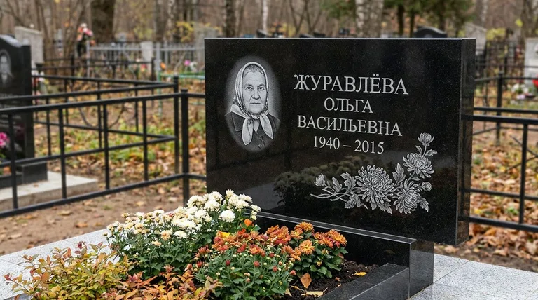 Памятник с гравировкой хризантем — выполненная работа «Журавлёва» в Салехарде