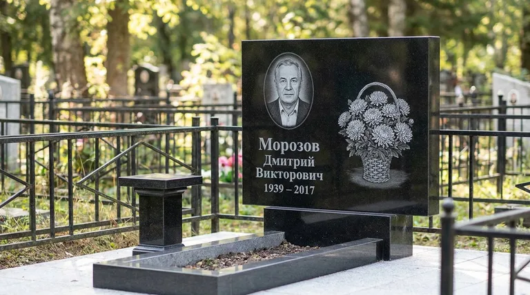 Памятник с гравировкой хризантем — выполненная работа «Морозов» в Салехарде