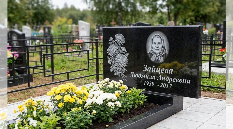 Памятник с гравировкой хризантем — выполненная работа «Зайцева» в Салехарде