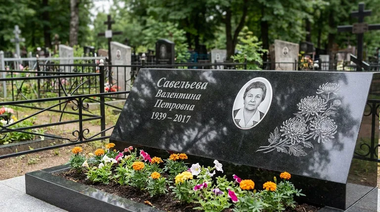Памятник с гравировкой хризантем — выполненная работа «Савельева» в Салехарде