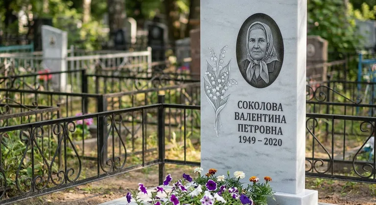 Памятник с гравировкой ландышей — выполненная работа «Соколова» в Салехарде