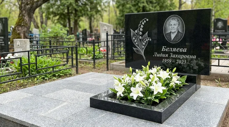Памятник с гравировкой ландышей — выполненная работа «Беляева» в Салехарде
