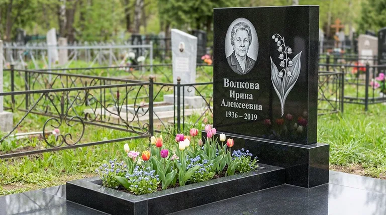 Памятник с гравировкой ландышей — выполненная работа «Волкова» в Салехарде