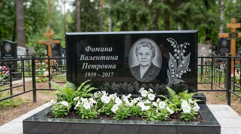 Памятник с гравировкой ландышей — выполненная работа «Фомина» в Салехарде