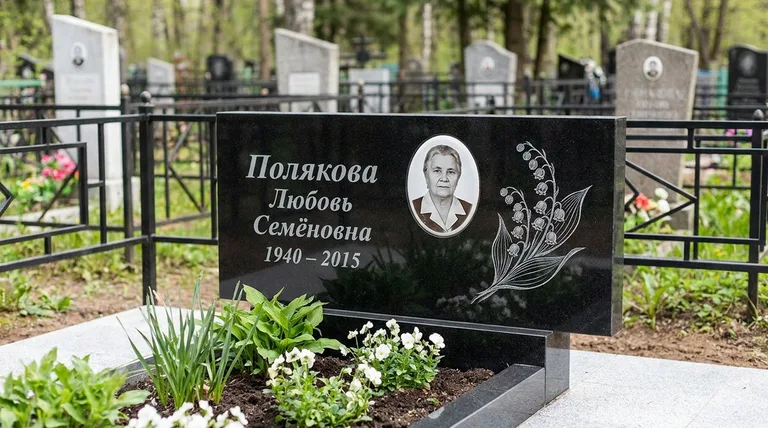 Памятник с гравировкой ландышей — выполненная работа «Полякова» в Салехарде