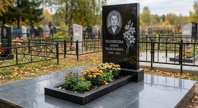 Памятник с гравировкой лилий — выполненная работа «Полякова» в Салехарде