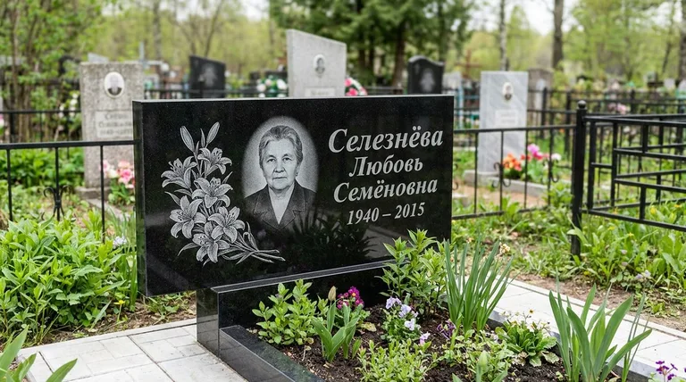 Памятник с гравировкой лилий — выполненная работа «Селезнёва» в Салехарде