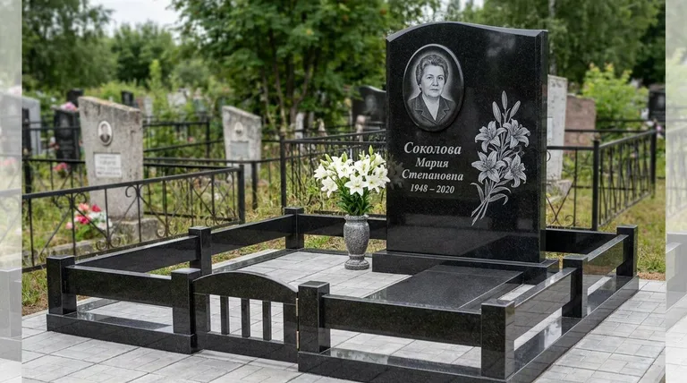 Памятник с гравировкой лилий — выполненная работа «Соколова» в Салехарде