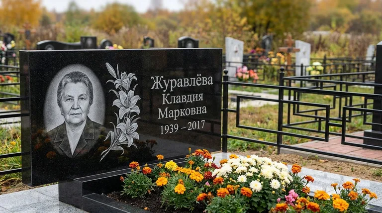 Памятник с гравировкой лилий — выполненная работа «Журавлёва» в Салехарде
