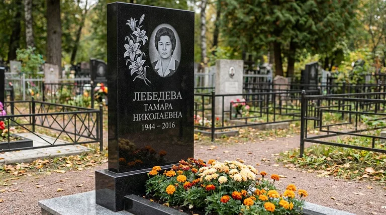 Памятник с гравировкой лилий — выполненная работа «Лебедева» в Салехарде