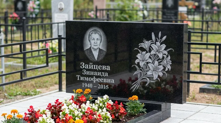 Памятник с гравировкой лилий — выполненная работа «Зайцева» в Салехарде