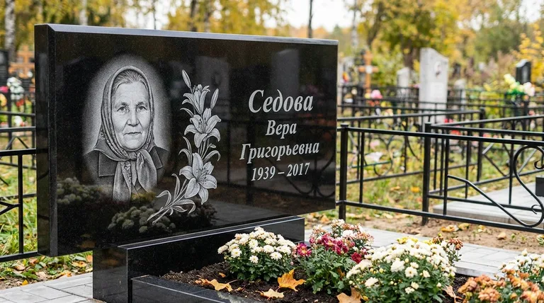 Памятник с гравировкой лилий — выполненная работа «Седова» в Салехарде