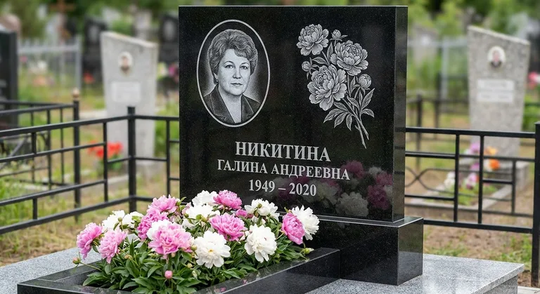Памятник с гравировкой пионов — выполненная работа «Никитина» в Салехарде