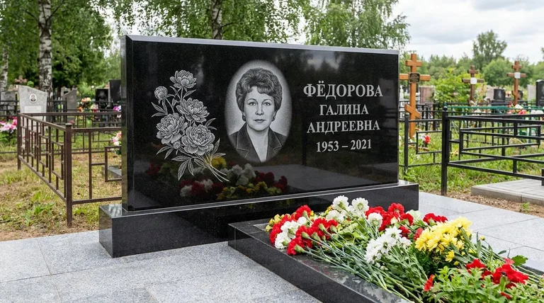 Памятник с гравировкой пионов — выполненная работа «Фёдорова» в Салехарде