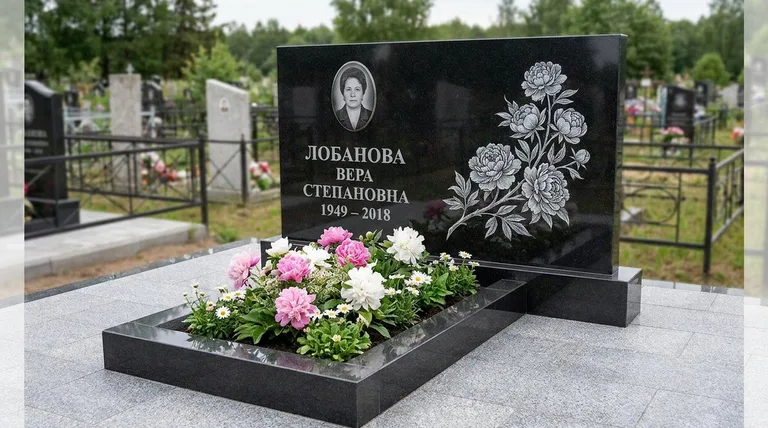 Памятник с гравировкой пионов — выполненная работа «Лобанова» в Салехарде