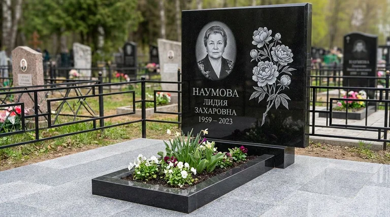 Памятник с гравировкой пионов — выполненная работа «Наумова» в Салехарде