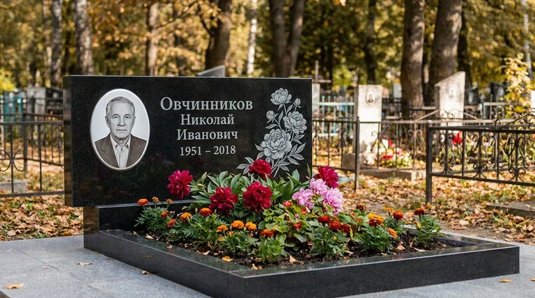 Памятник с гравировкой пионов — выполненная работа «Овчинников» в Салехарде