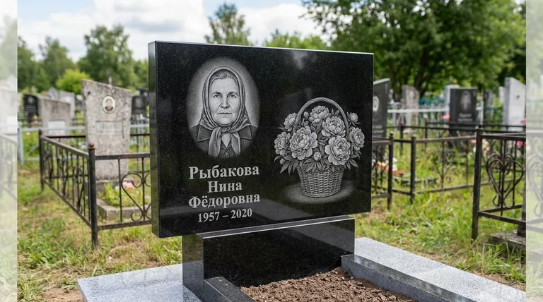 Памятник с гравировкой пионов — выполненная работа «Рыбакова» в Салехарде
