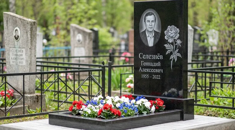 Памятник с гравировкой пионов — выполненная работа «Селезнёв» в Салехарде