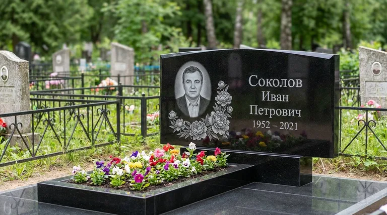 Памятник с гравировкой пионов — выполненная работа «Соколов» в Салехарде