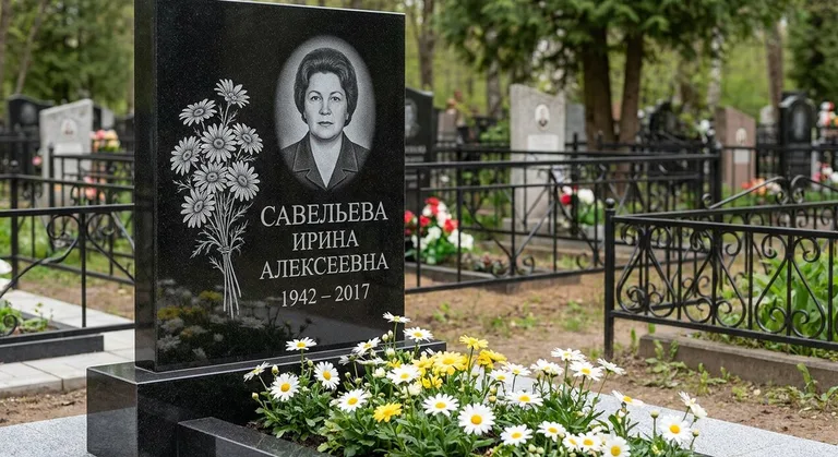 Памятник с гравировкой ромашек — выполненная работа «Савельева» в Салехарде