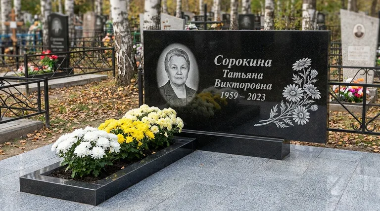 Памятник с гравировкой ромашек — выполненная работа «Сорокина» в Салехарде