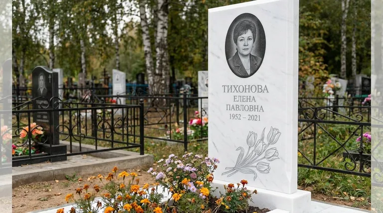 Памятник с гравировкой тюльпанов — выполненная работа «Тихонова» в Салехарде