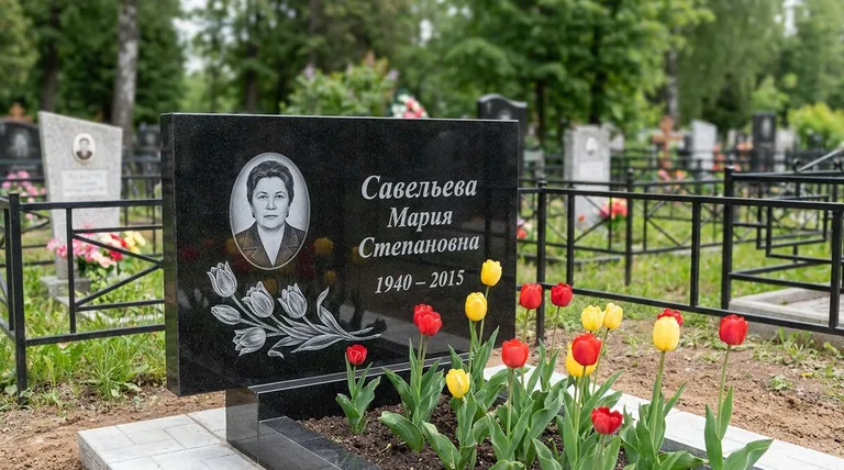 Памятник с гравировкой тюльпанов — выполненная работа «Савельева» в Салехарде