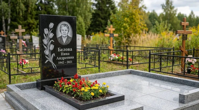 Памятник с гравировкой тюльпанов — выполненная работа «Белова» в Салехарде