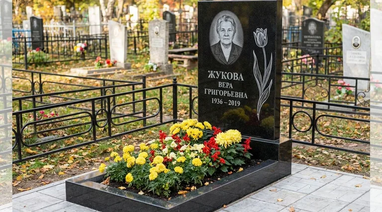 Памятник с гравировкой тюльпанов — выполненная работа «Жукова» в Салехарде