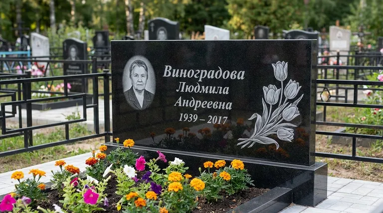 Памятник с гравировкой тюльпанов — выполненная работа «Виноградова» в Салехарде