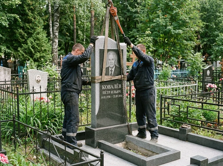 Демонтаж памятника на кладбище в Салехарде — бригада аккуратно снимает старый гранитный памятник с могилы