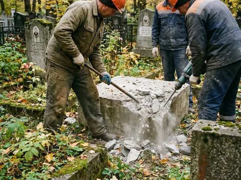 Демонтаж бетонного цоколя и тумбы памятника в Салехарде