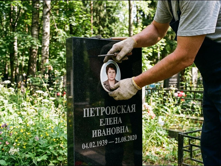 Фото на керамике на памятник в Салехарде — мастер устанавливает овальный керамический портрет на гранитный памятник