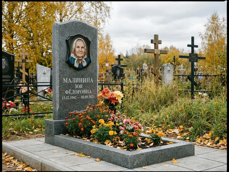 Чёрно-белый керамический портрет на памятнике в Салехарде