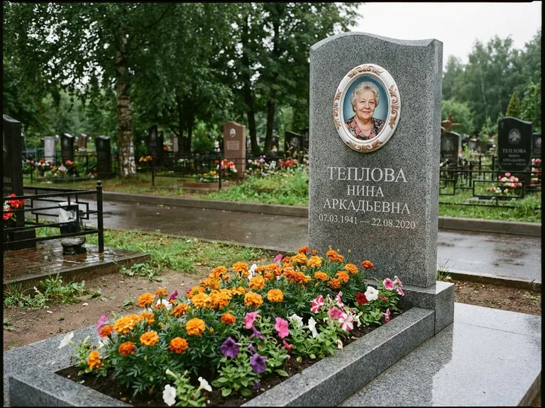 Керамический портрет на памятнике с цветами в Салехарде