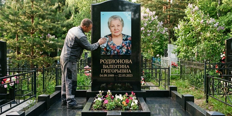 Фотокерамика и печать фото на памятник в Салехарде — мастер устанавливает цветной портрет на стекле на гранитный памятник
