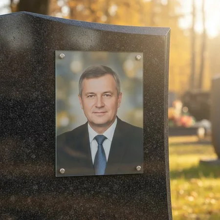 Портрет на стекле на держателях на чёрном граните в Салехарде