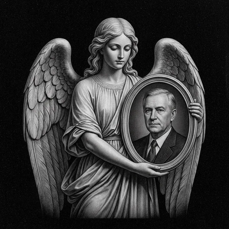 Эскиз гравировки ангела на памятник — объёмный ангел с портретом в Салехарде
