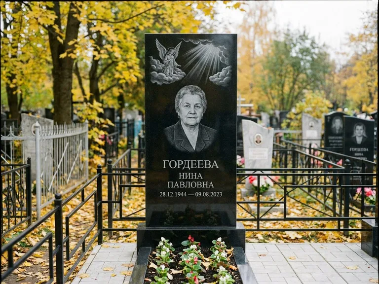 Памятник с гравировкой ангела — гравировка ангела в облаках с лучами над портретом, работа «Гордеева» в Салехарде