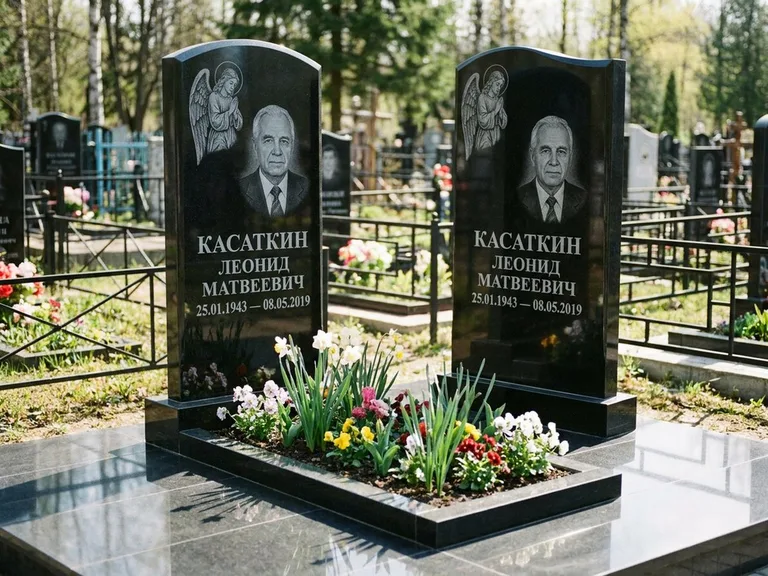 Памятник с гравировкой ангела — гравировка молящегося ангела в верхней части стелы, работа «Касаткин» в Салехарде