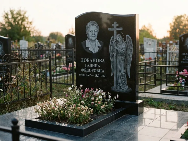 Памятник с гравировкой ангела — гравировка ангела с крестом рядом с эпитафией, работа «Лобанова» в Салехарде