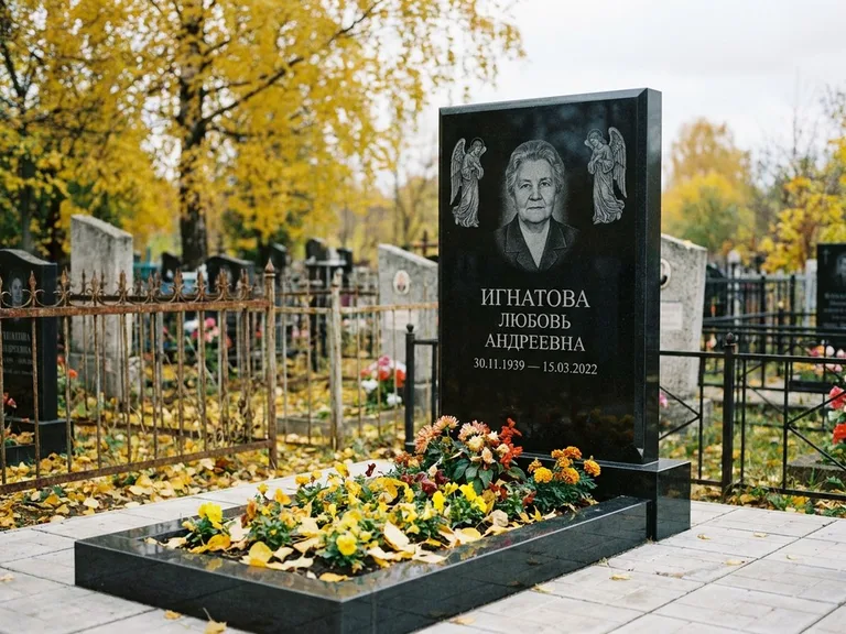 Памятник с гравировкой ангела — гравировка двух ангелов по сторонам портрета, работа «Игнатова» в Салехарде